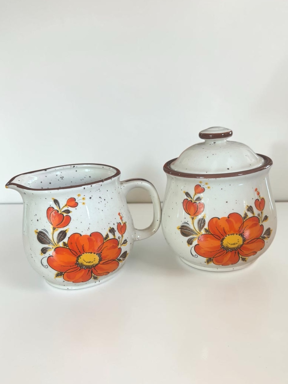Vintage Japanese Creamer Sugar Bowl Set Orange Floral Stoneware